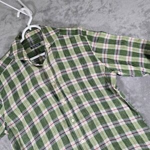SuitSupply Linen Button Up Shirt Plaid Green Casual Mens Size 40‎
